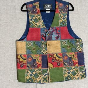 Vintage CAFE Mens Patchwork Quilted Vest Size 2 Blue Red Green Bohemian